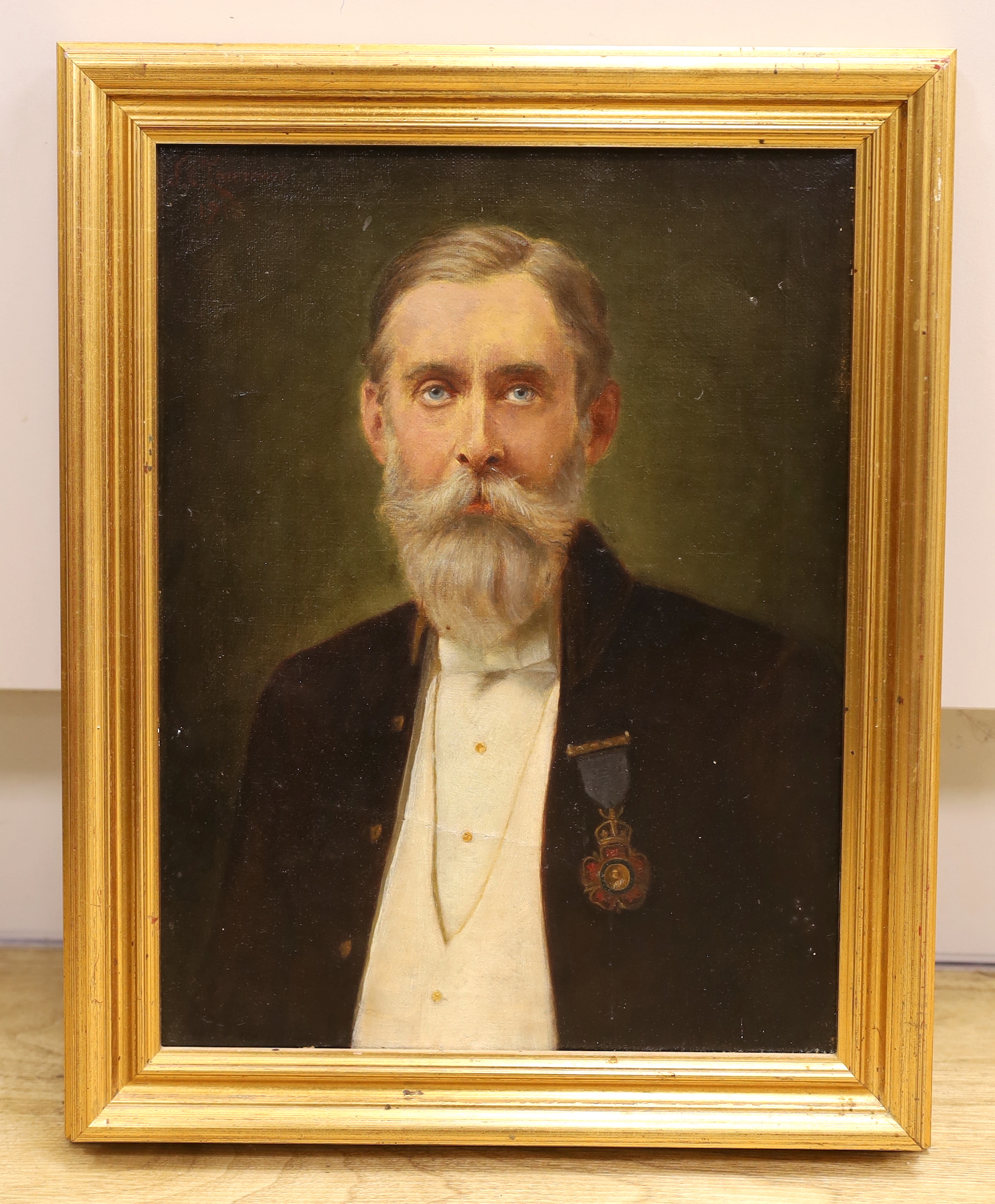 Early 20th century French School, oil on canvas, portrait of a bearded gentleman wearing a medal, various stamps and stencils verso, 32 x 24cm
